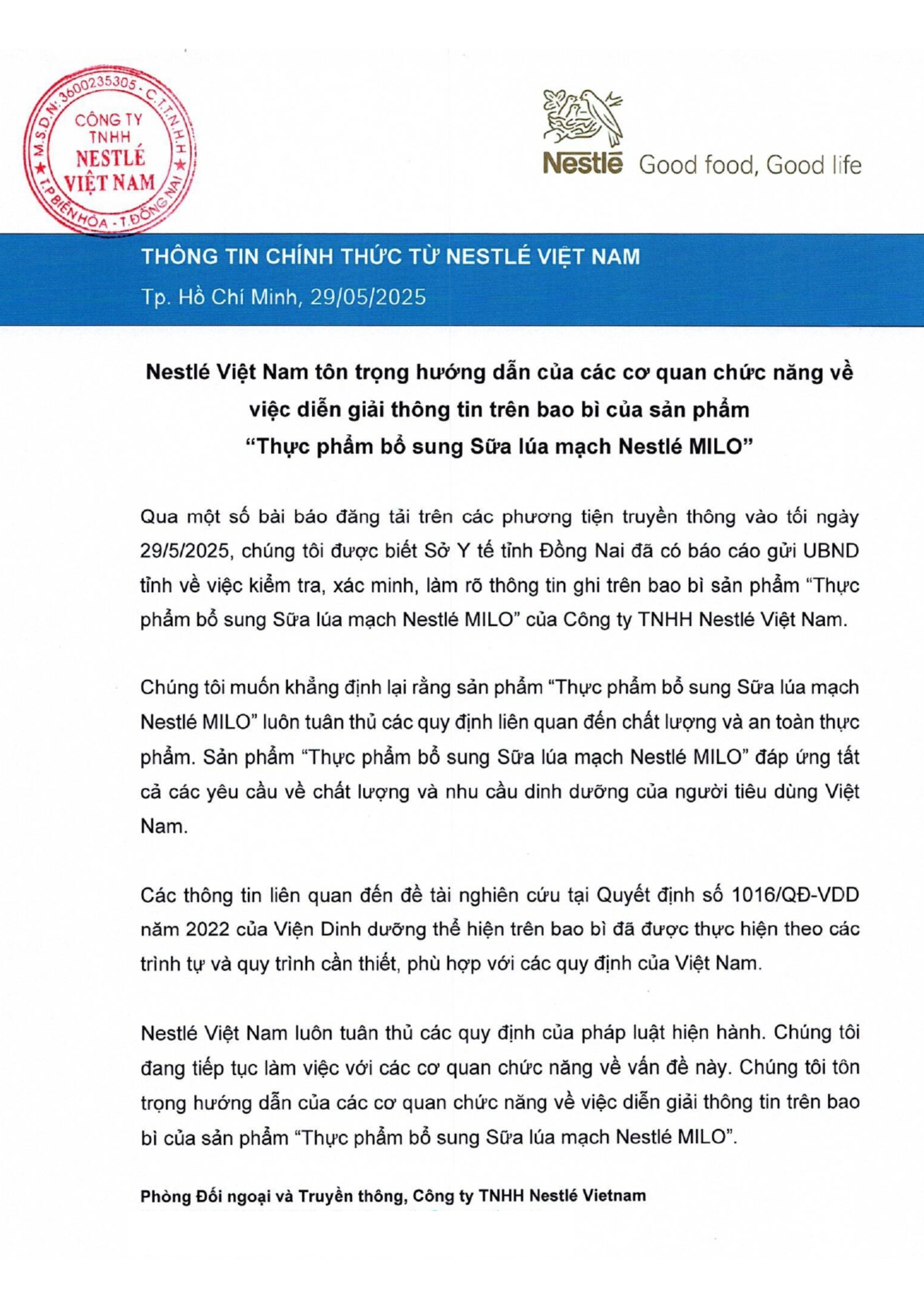 Nestlé Việt Nam tôn trọng hướng dẫn của các cơ quan chức năng về việc diễn giải thông tin trên bao bì sản phẩm